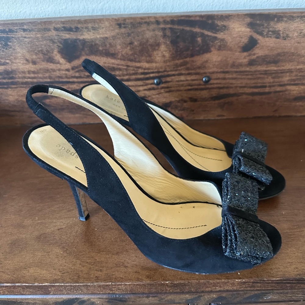 Kate Spade Size 9 Black Slingback Heels with Sparkle Bows on Peep Toes